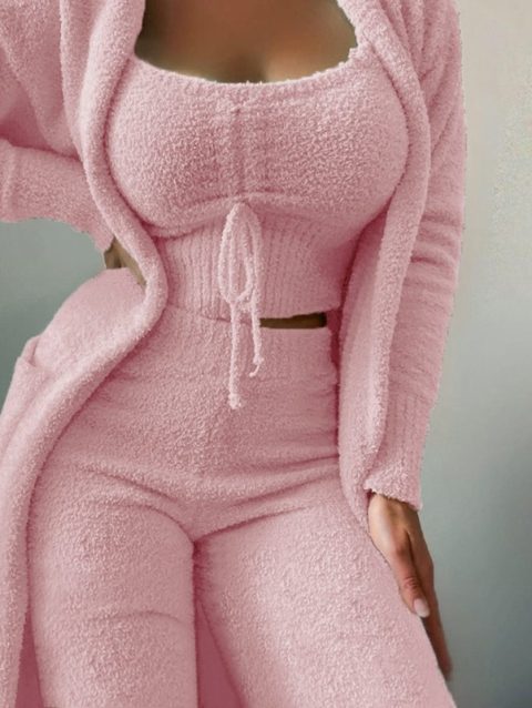Women 3 Piece Set Homewear Autumn Winter Teddy Velvet Crop Top + Cardigan Coat + Pants Suit Lingerie Set Loungewear Outfits