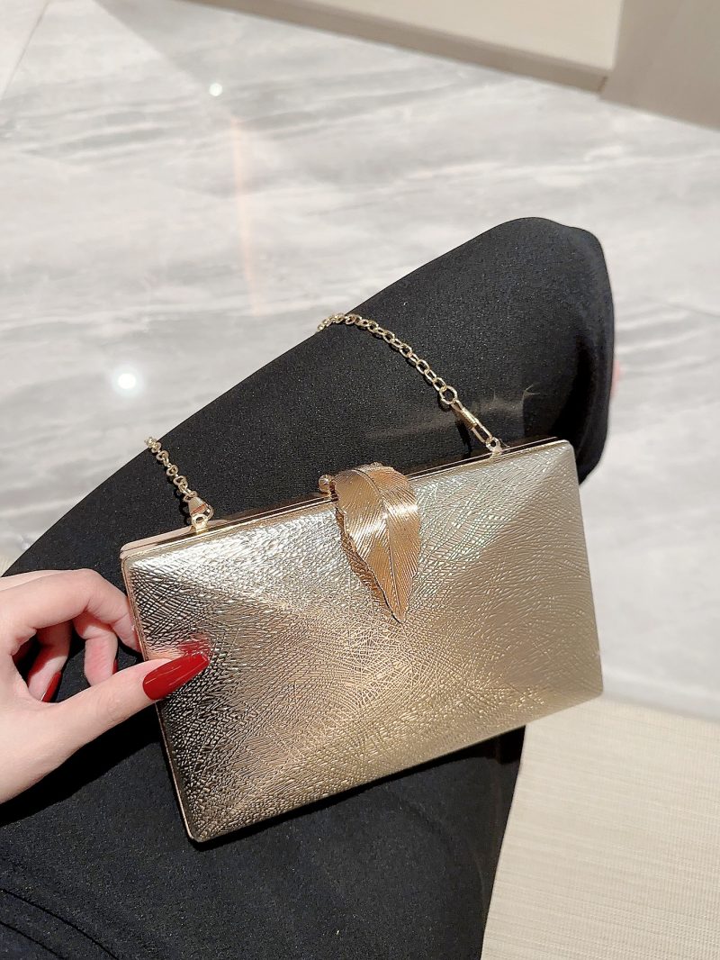 Women's Fashion Gold Leaf Buckle Box Dinner Bag Clutch Chain Bag Evening Bag Dress Bag Party Prom Clutch - Image 4
