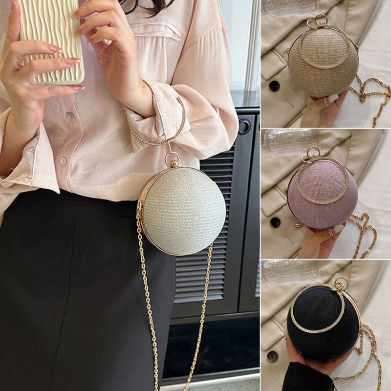 Gold Bright Silk Circular Evening Bag Women Banquet Clutch Rhinestone Decor Chain Shoulder Bags Luxury Female Party Handbags - Image 2