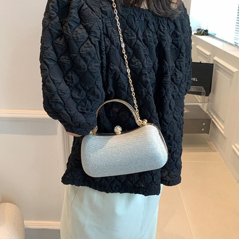 Gold Bright Silk Circular Evening Bag Women Banquet Clutch Rhinestone Decor Chain Shoulder Bags Luxury Female Party Handbags - Image 4
