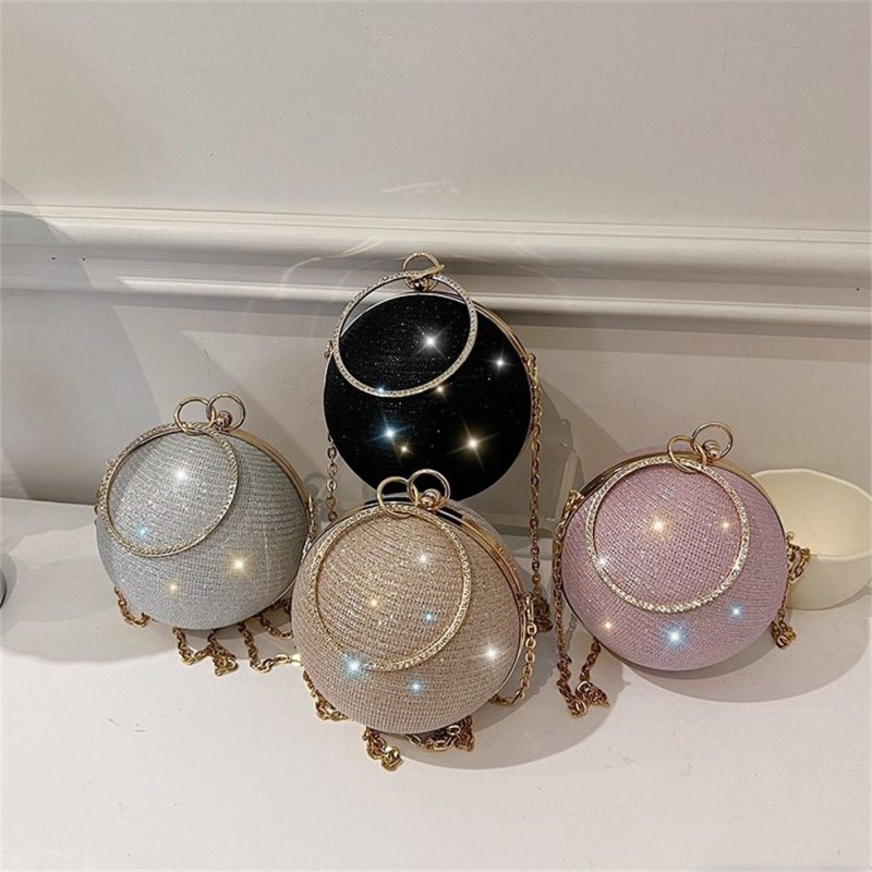 Gold Bright Silk Circular Evening Bag Women Banquet Clutch Rhinestone Decor Chain Shoulder Bags Luxury Female Party Handbags - Image 5