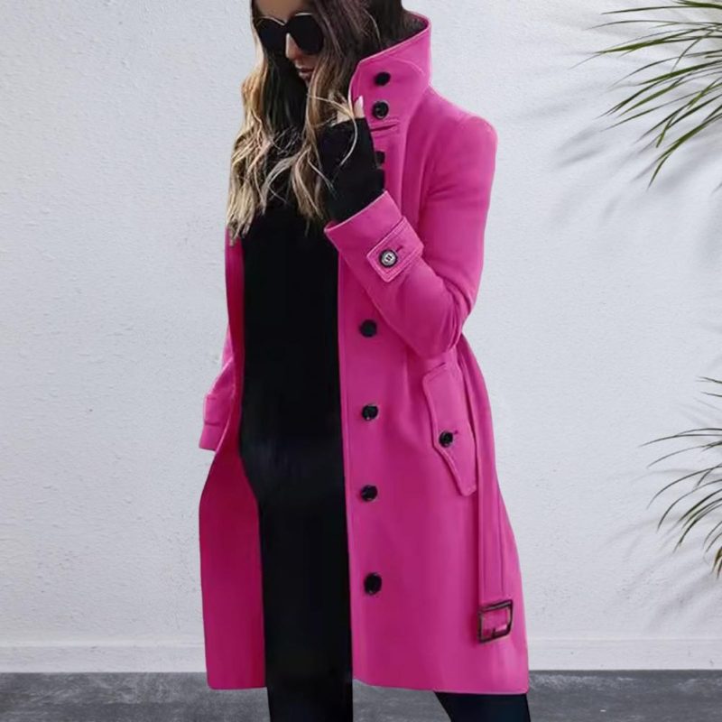 Women Woolen Coat Loose Fit Wool Jacket Stylish Plus Size Woolen Coat with High Collar Belt for Women Long Sleeve for Dating - Image 2