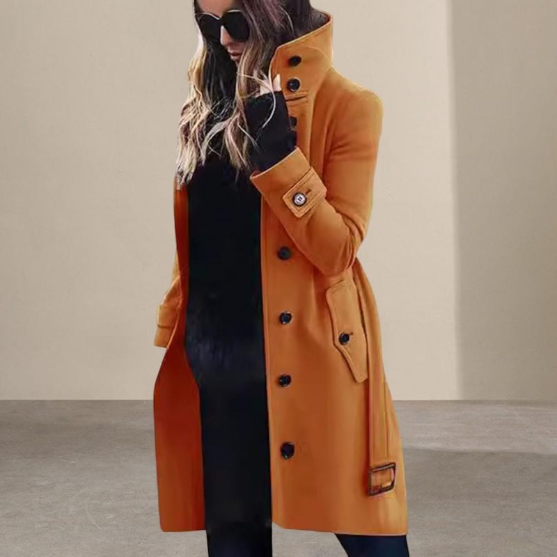 Women Woolen Coat Loose Fit Wool Jacket Stylish Plus Size Woolen Coat with High Collar Belt for Women Long Sleeve for Dating - Image 3