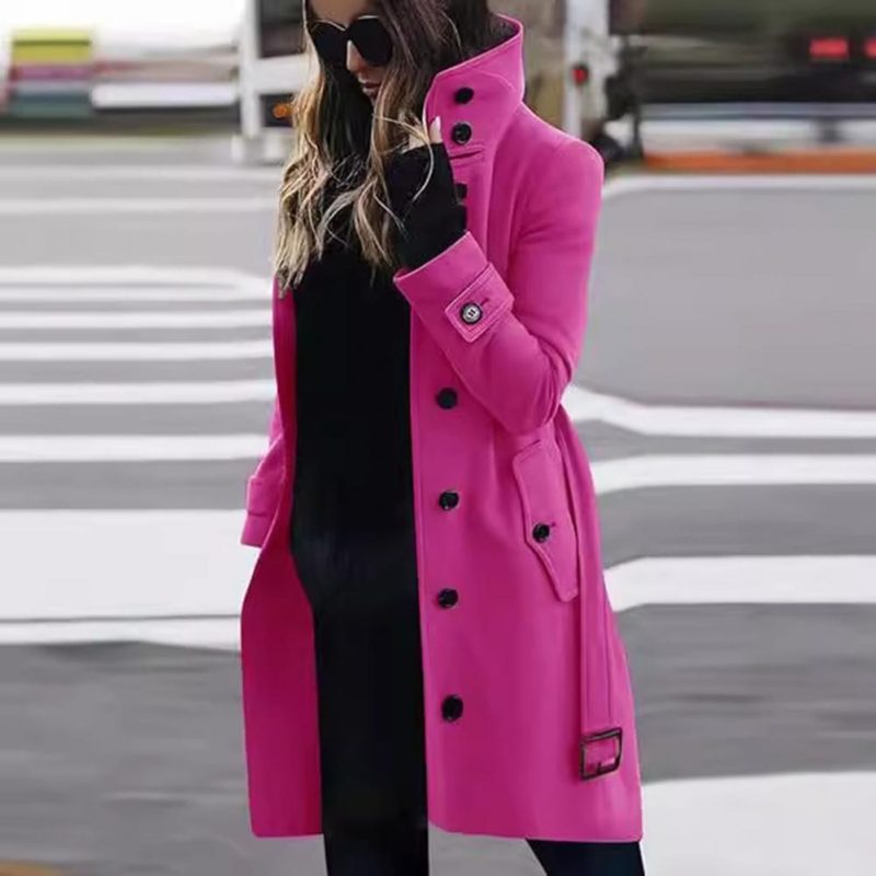 Women Woolen Coat Loose Fit Wool Jacket Stylish Plus Size Woolen Coat with High Collar Belt for Women Long Sleeve for Dating - Image 5