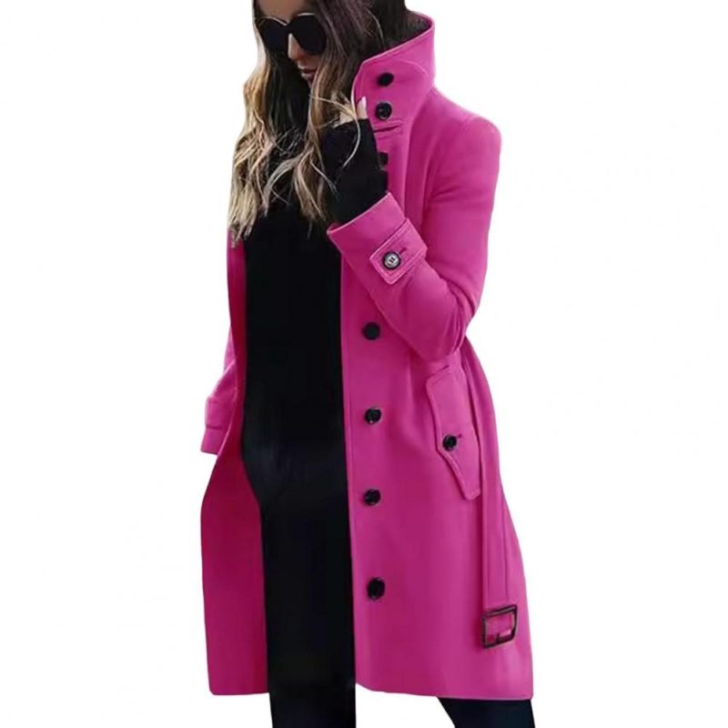 Women Woolen Coat Loose Fit Wool Jacket Stylish Plus Size Woolen Coat with High Collar Belt for Women Long Sleeve for Dating - Image 8