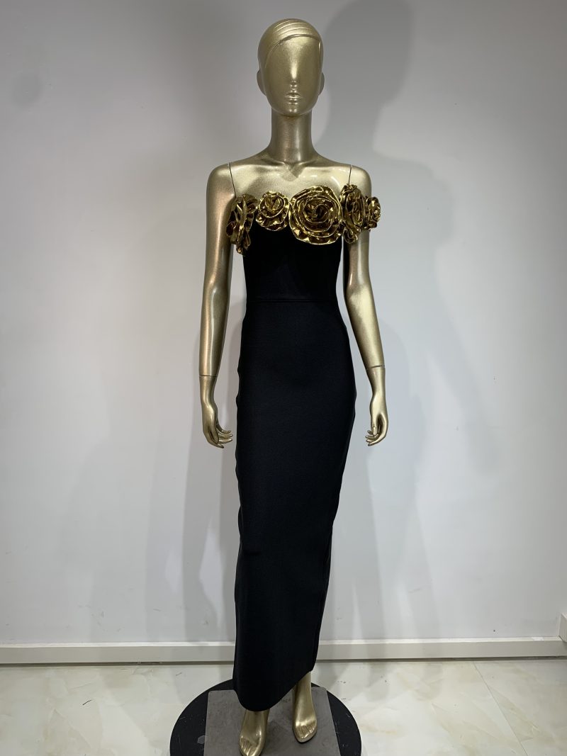 New Women Summer 2024 Fashion Sexy Gold Flower One Shoulder Black Long Bodycon Bandage Dress Birthday Celebrity Party Dress - Image 6
