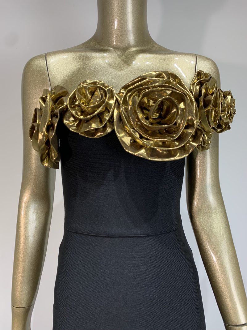 New Women Summer 2024 Fashion Sexy Gold Flower One Shoulder Black Long Bodycon Bandage Dress Birthday Celebrity Party Dress - Image 8