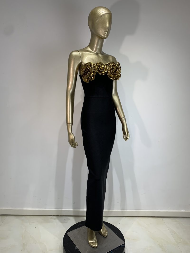 New Women Summer 2024 Fashion Sexy Gold Flower One Shoulder Black Long Bodycon Bandage Dress Birthday Celebrity Party Dress - Image 9