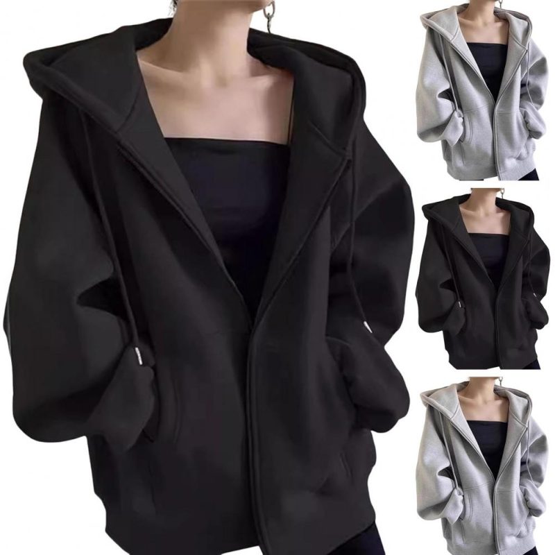 Autumn Winter Warm Long Gray/Black Jacket With Hood Long Sleeve Big Pocket Zipper Jacket Coat Women Casual Outerwear Coat Tops - Image 2