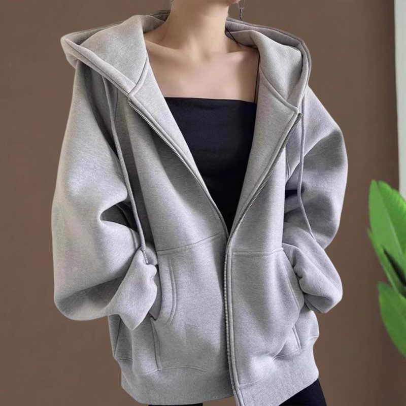 Autumn Winter Warm Long Gray/Black Jacket With Hood Long Sleeve Big Pocket Zipper Jacket Coat Women Casual Outerwear Coat Tops - Image 3