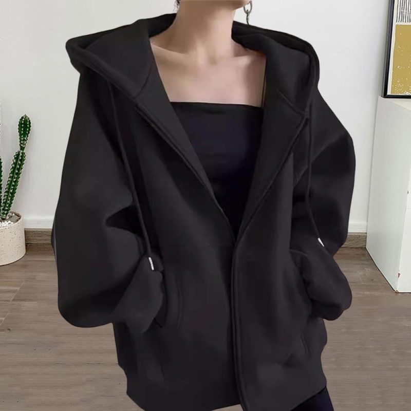 Autumn Winter Warm Long Gray/Black Jacket With Hood Long Sleeve Big Pocket Zipper Jacket Coat Women Casual Outerwear Coat Tops - Image 4