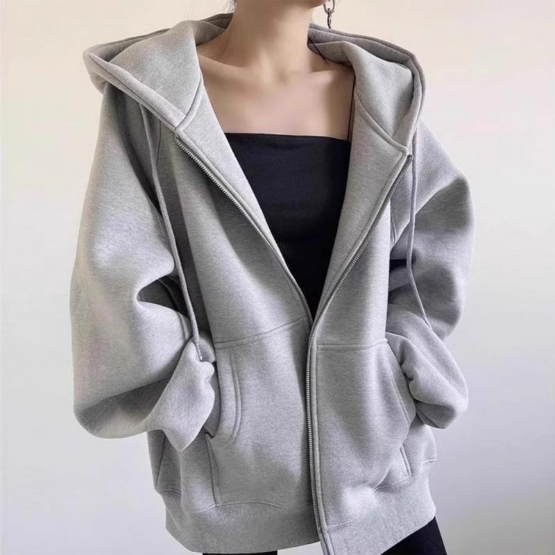 Autumn Winter Warm Long Gray/Black Jacket With Hood Long Sleeve Big Pocket Zipper Jacket Coat Women Casual Outerwear Coat Tops - Image 5