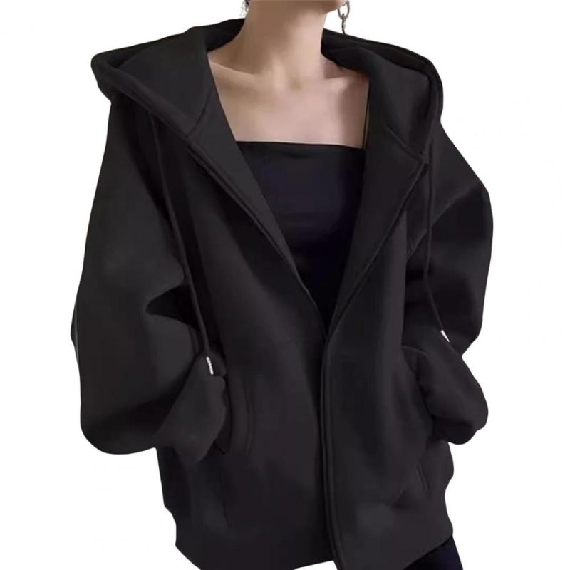 Autumn Winter Warm Long Gray/Black Jacket With Hood Long Sleeve Big Pocket Zipper Jacket Coat Women Casual Outerwear Coat Tops - Image 7