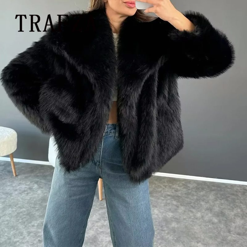 TRAFZA 2025 Fall Winter Women Casual Faux Fur Jackets Christmas Streetwear Solid Oversized Turn Down Collar Elegant Thick Coats - Image 6