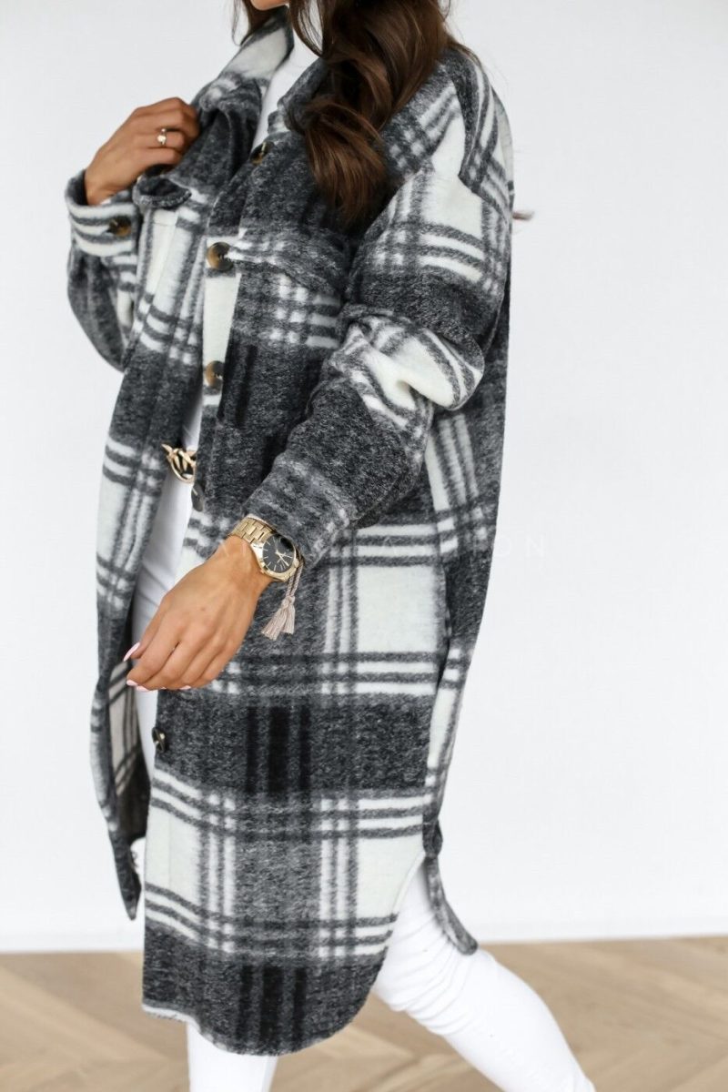 Winter Checked Jackets Coats Women Fashion Casual Oversized Turn Down Collar Long Outwear Thick Warm Woolen Blends Overcoats - Image 5