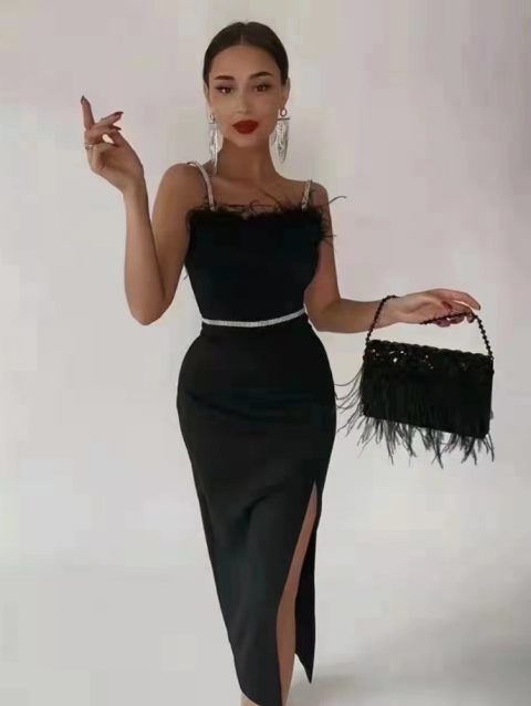 Sexy Beading Bandages Dress Women Black Feathers Elegant Clothing Celebrity Party Club Bodycon Midi Dresses
