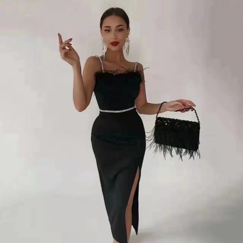 Sexy Beading Bandages Dress Women Black Feathers Elegant Clothing Celebrity Party Club Bodycon Midi Dresses