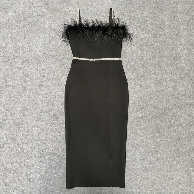 Sexy Beading Bandages Dress Women Black Feathers Elegant Clothing Celebrity Party Club Bodycon Midi Dresses - Image 4