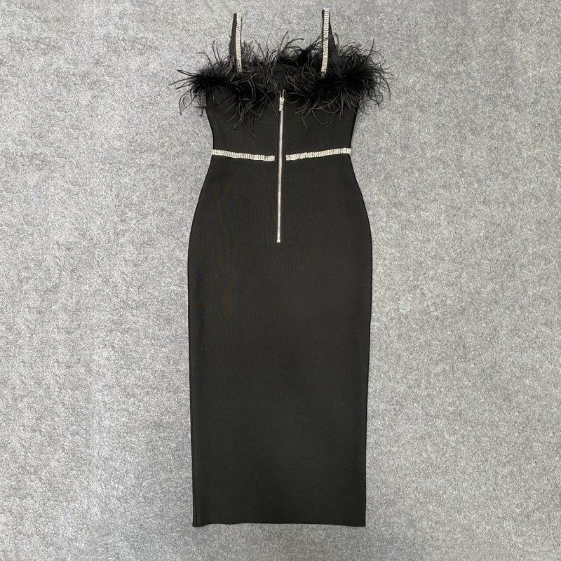 Sexy Beading Bandages Dress Women Black Feathers Elegant Clothing Celebrity Party Club Bodycon Midi Dresses - Image 5