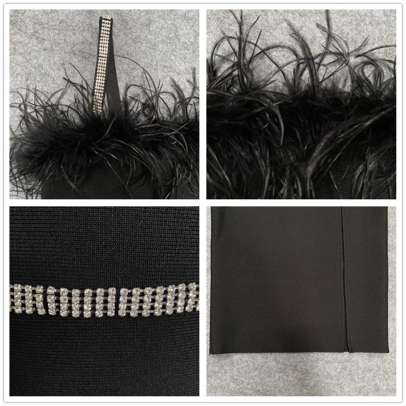 Sexy Beading Bandages Dress Women Black Feathers Elegant Clothing Celebrity Party Club Bodycon Midi Dresses - Image 6