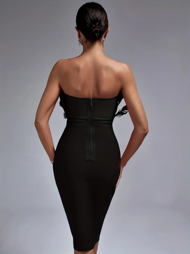 Black Bandage Dress Women Feather Party Dress Bodycon Elegant Midi Sexy Strapless Evening Birthday Club Outfits Summer 2023 - Image 2