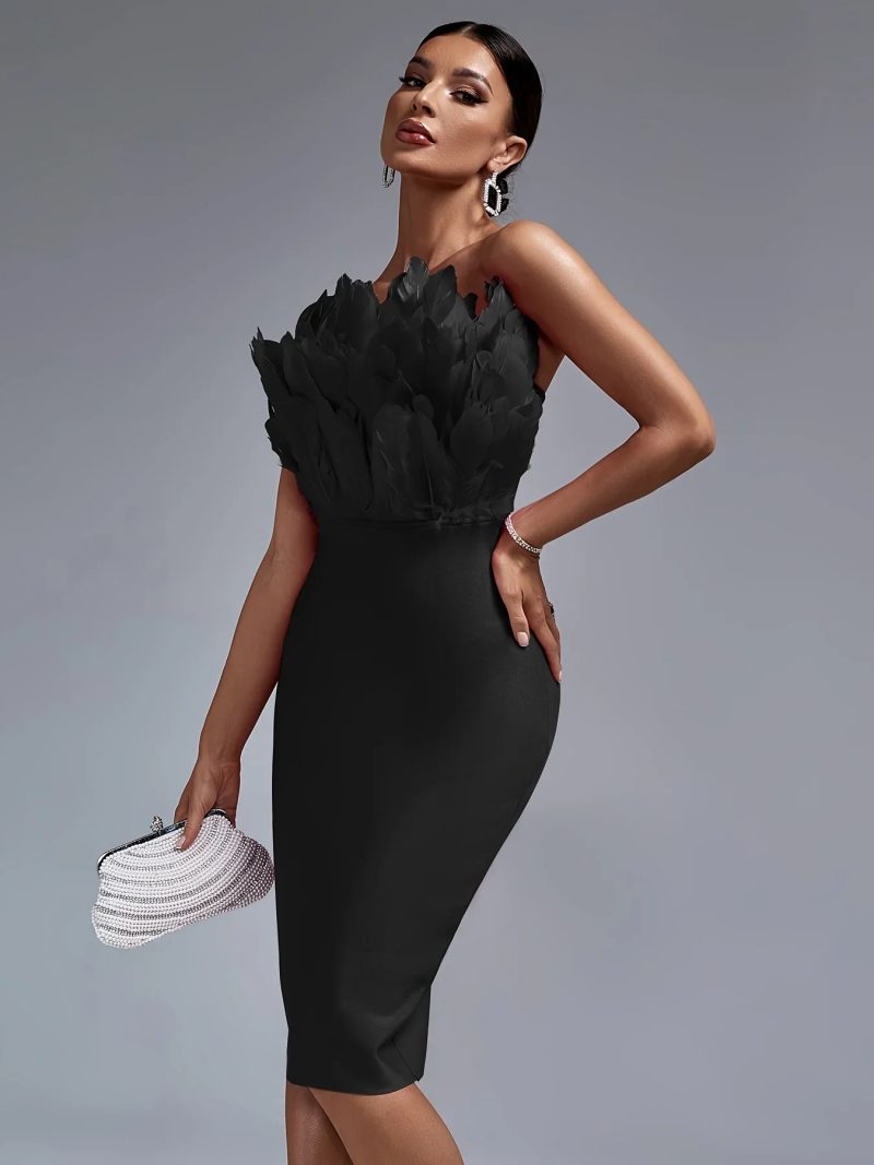 Black Bandage Dress Women Feather Party Dress Bodycon Elegant Midi Sexy Strapless Evening Birthday Club Outfits Summer 2023 - Image 4