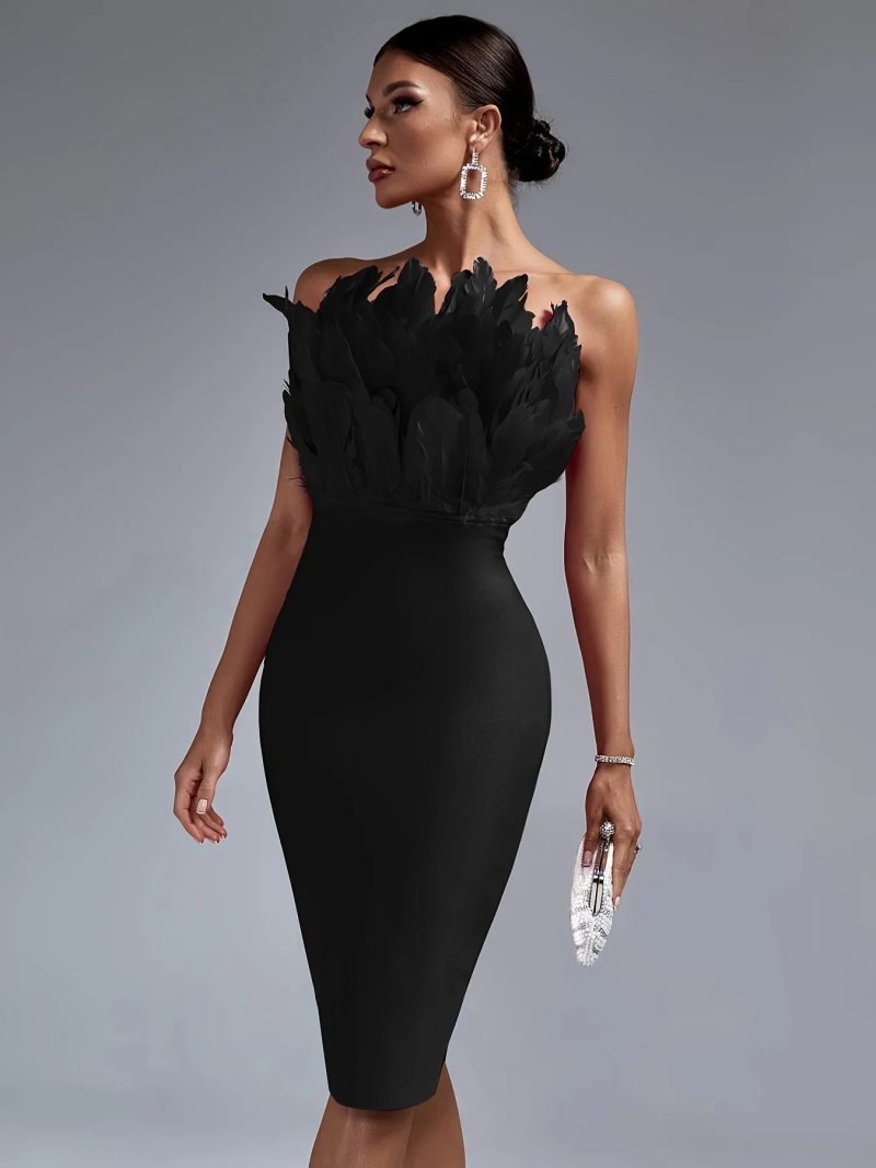 Black Bandage Dress Women Feather Party Dress Bodycon Elegant Midi Sexy Strapless Evening Birthday Club Outfits Summer 2023 - Image 5