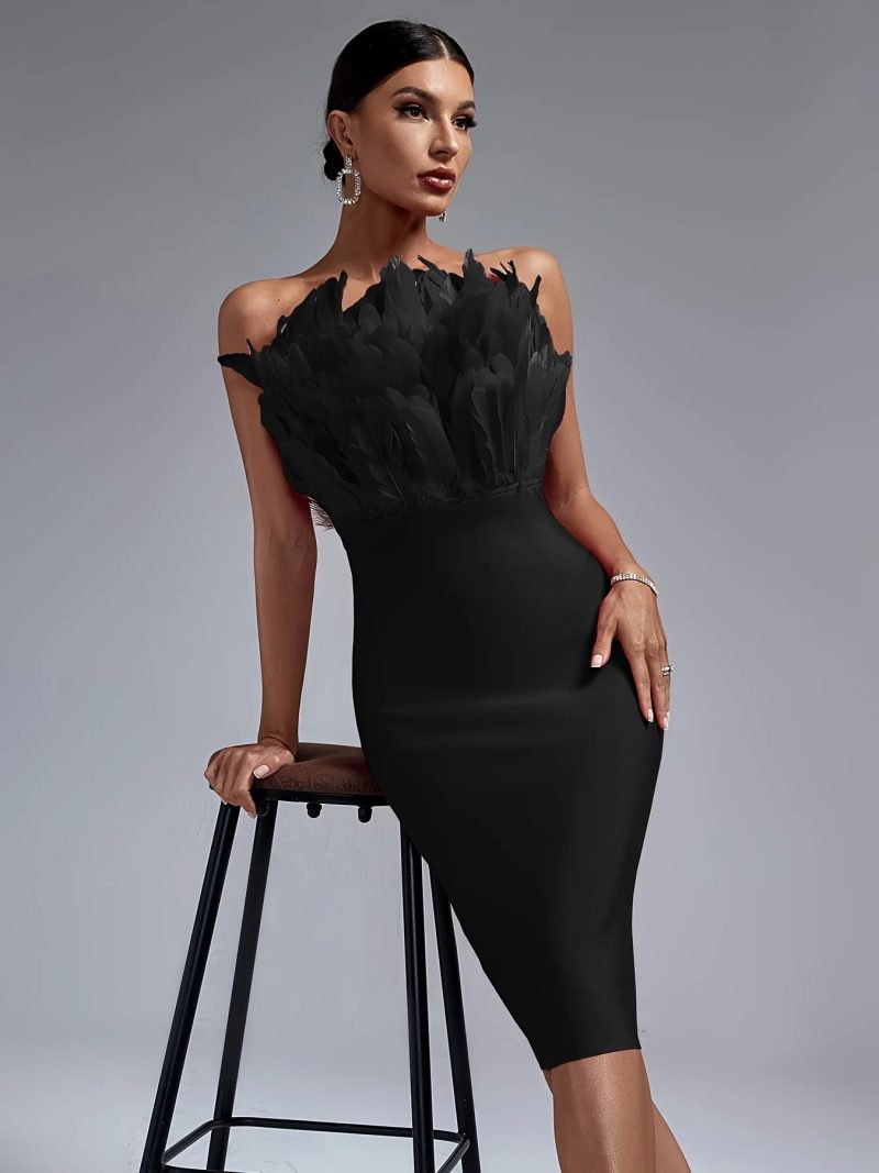 Black Bandage Dress Women Feather Party Dress Bodycon Elegant Midi Sexy Strapless Evening Birthday Club Outfits Summer 2023 - Image 6