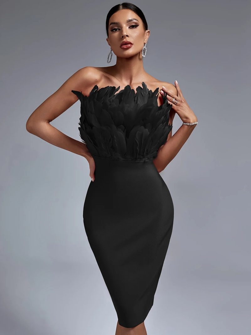 Black Bandage Dress Women Feather Party Dress Bodycon Elegant Midi Sexy Strapless Evening Birthday Club Outfits Summer 2023 - Image 7