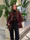Women's Chic Burgundy Single Breasted Pu Leather Jackets Elegant Oversized Pockets Solid Coats 2025 Lady Street Outerwear Winter
