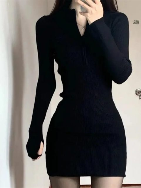 Long Sleeve Dresses for Women Black Sexy Club Bodycon Mini Dress Y2k High Waist Ladies Korean Short Dress Basic Autumn Winter