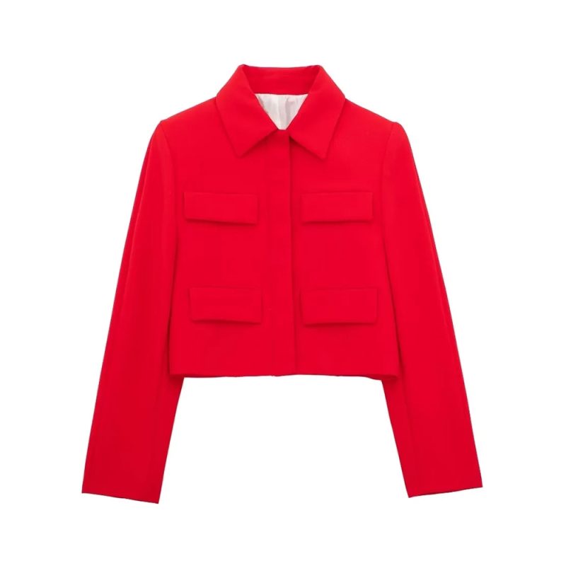 TRZA Women Fashion With Flaps Cropped Blazer Coat Vintage Long Sleeve Snap-button Female Outerwear Chic Tops - Image 7
