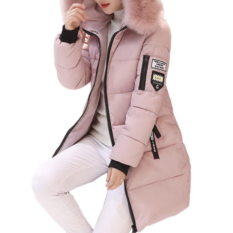 Cotton Coat with Faux Fur Collar Windproof Hooded Winter Cotton Coat with Zipper Pockets for Women Thickened Padded Stuffed Mid - Image 2