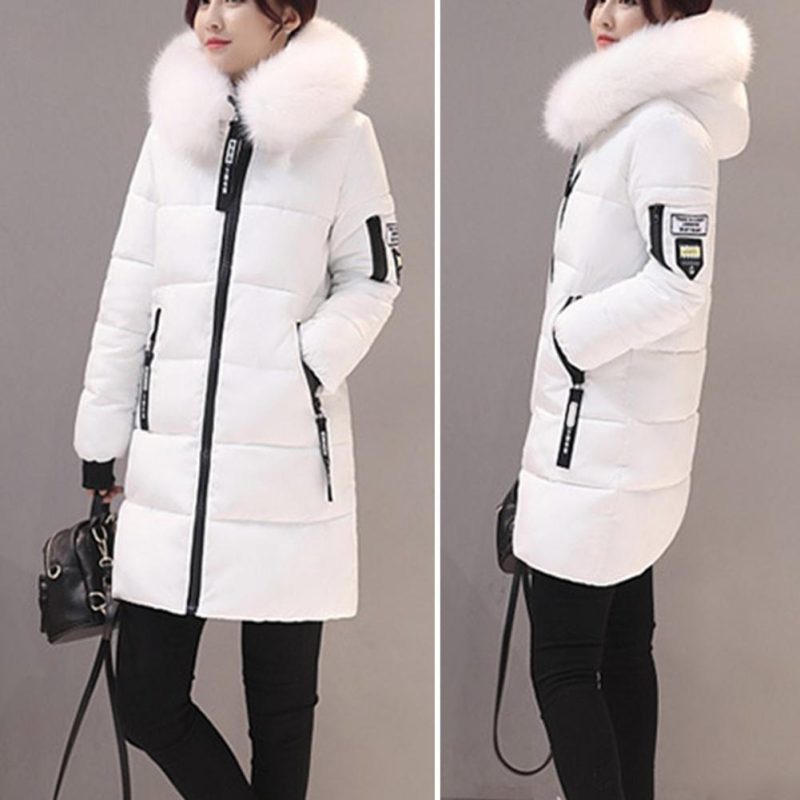 Cotton Coat with Faux Fur Collar Windproof Hooded Winter Cotton Coat with Zipper Pockets for Women Thickened Padded Stuffed Mid - Image 3