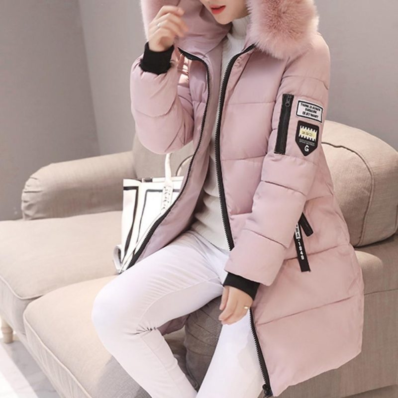 Cotton Coat with Faux Fur Collar Windproof Hooded Winter Cotton Coat with Zipper Pockets for Women Thickened Padded Stuffed Mid - Image 4
