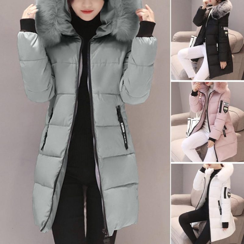 Cotton Coat with Faux Fur Collar Windproof Hooded Winter Cotton Coat with Zipper Pockets for Women Thickened Padded Stuffed Mid - Image 5