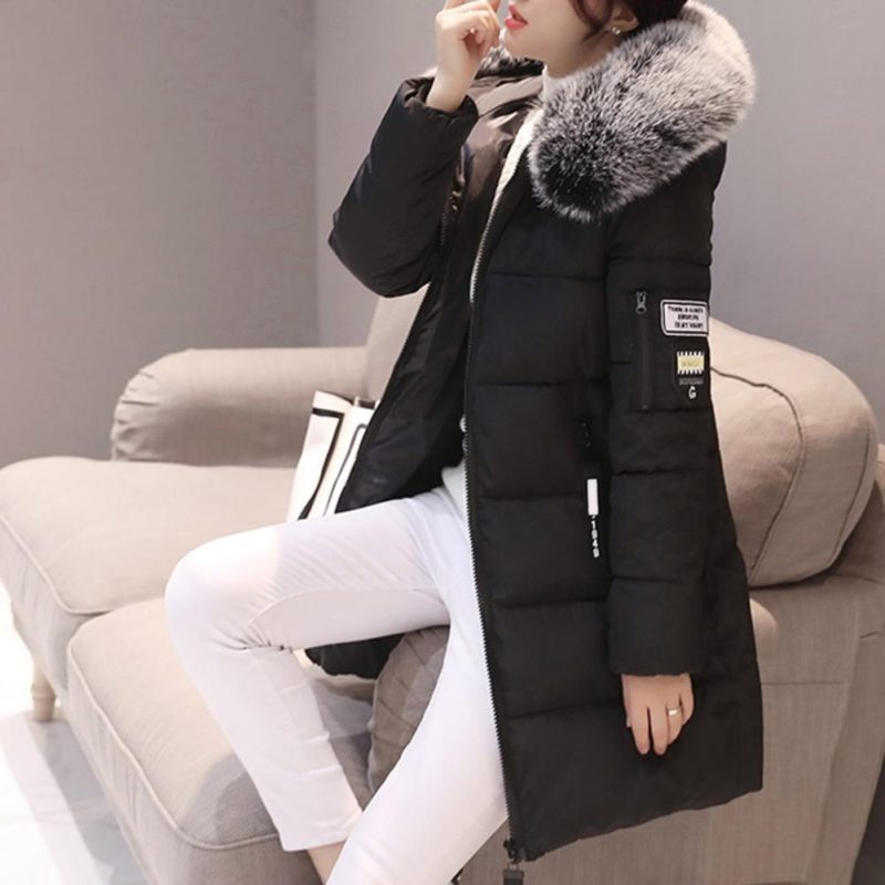 Cotton Coat with Faux Fur Collar Windproof Hooded Winter Cotton Coat with Zipper Pockets for Women Thickened Padded Stuffed Mid - Image 6
