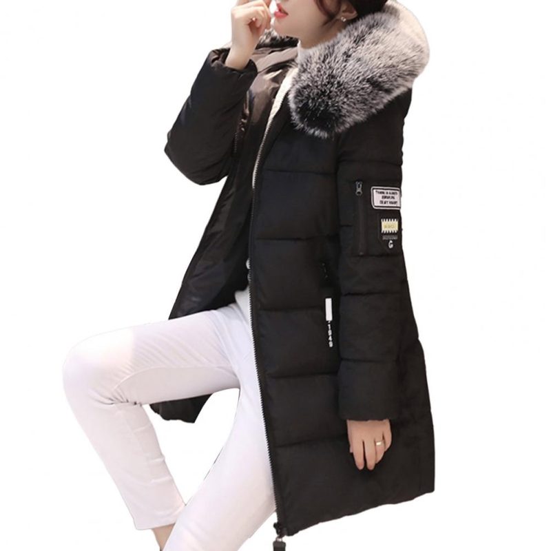 Cotton Coat with Faux Fur Collar Windproof Hooded Winter Cotton Coat with Zipper Pockets for Women Thickened Padded Stuffed Mid - Image 8