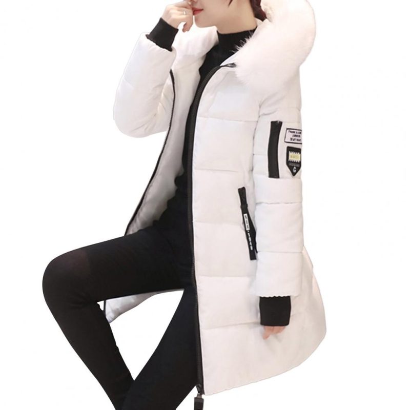 Cotton Coat with Faux Fur Collar Windproof Hooded Winter Cotton Coat with Zipper Pockets for Women Thickened Padded Stuffed Mid - Image 9