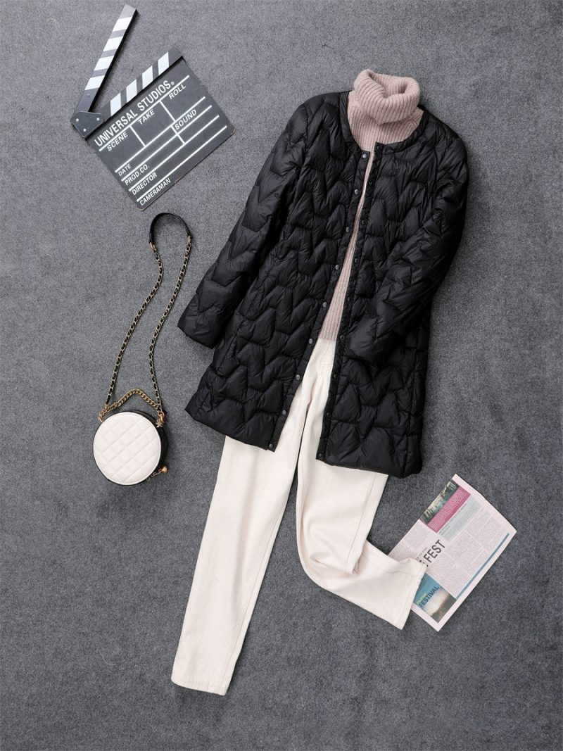 Women Down Coat Light Thin Portable White Duck Down Jacket Mid Length Round Neck Korean Collarless Inner Layer Coat for Autumn - Image 7
