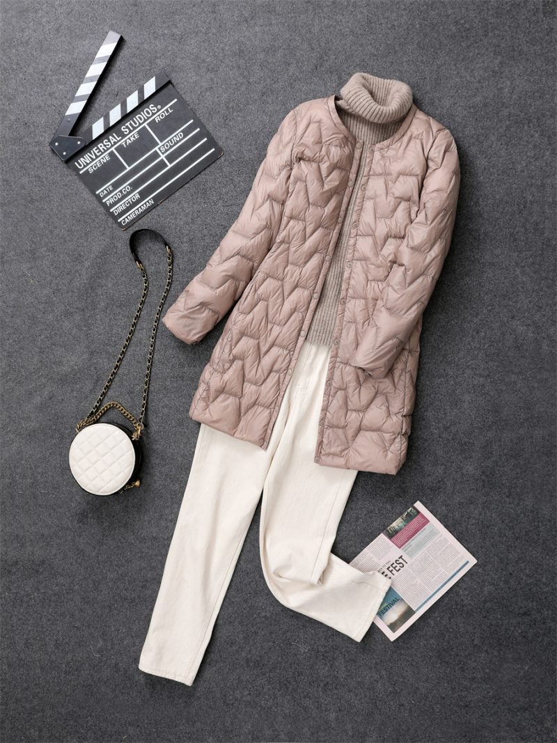 Women Down Coat Light Thin Portable White Duck Down Jacket Mid Length Round Neck Korean Collarless Inner Layer Coat for Autumn - Image 8
