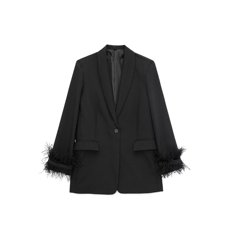 Willshela Women Fashion Satin Black With Feather Blazer Jacket Vintage Notched Neck Single Button Long Sleeves Female Outfits - Image 7