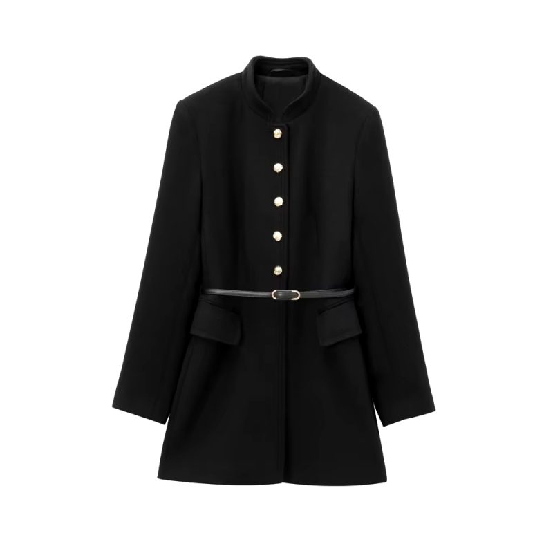 TRZA Women Fashion With Belt Front Pockets Woolen Coat High Neck Long Sleeve Female Outerwear Chic Tops - Image 7