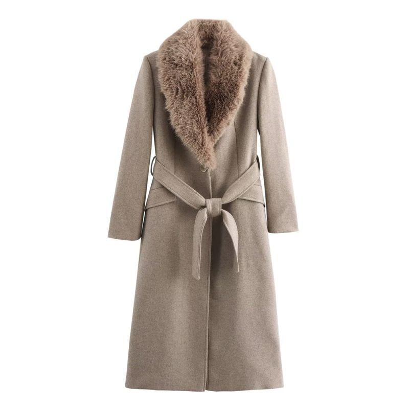 RARF Women's Belt Warm Fur Collar Coat Flip Collar Pocket Button Decoration Autumn/Winter New Women's Wear - Image 4