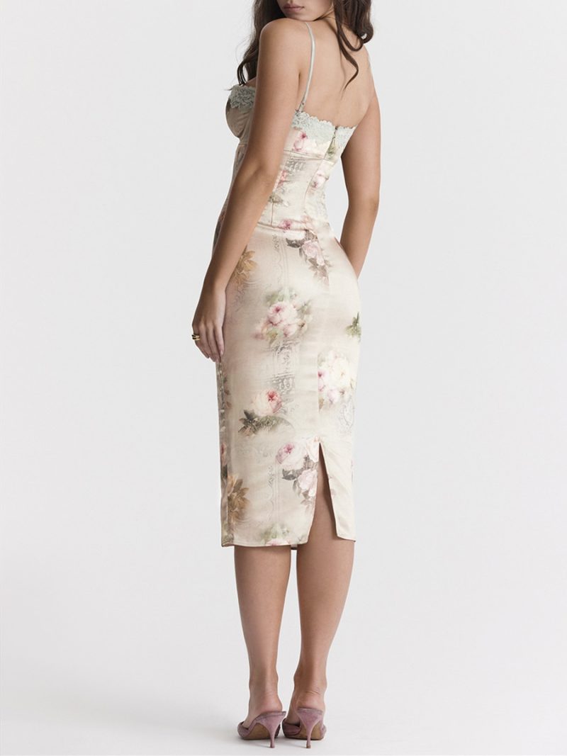 Women Lace Spliced Floral Print Spaghetti Strap Dress Vintage Summer Elegant Slit Party Midi Dress for Cocktail Nightclub Beach - Image 2