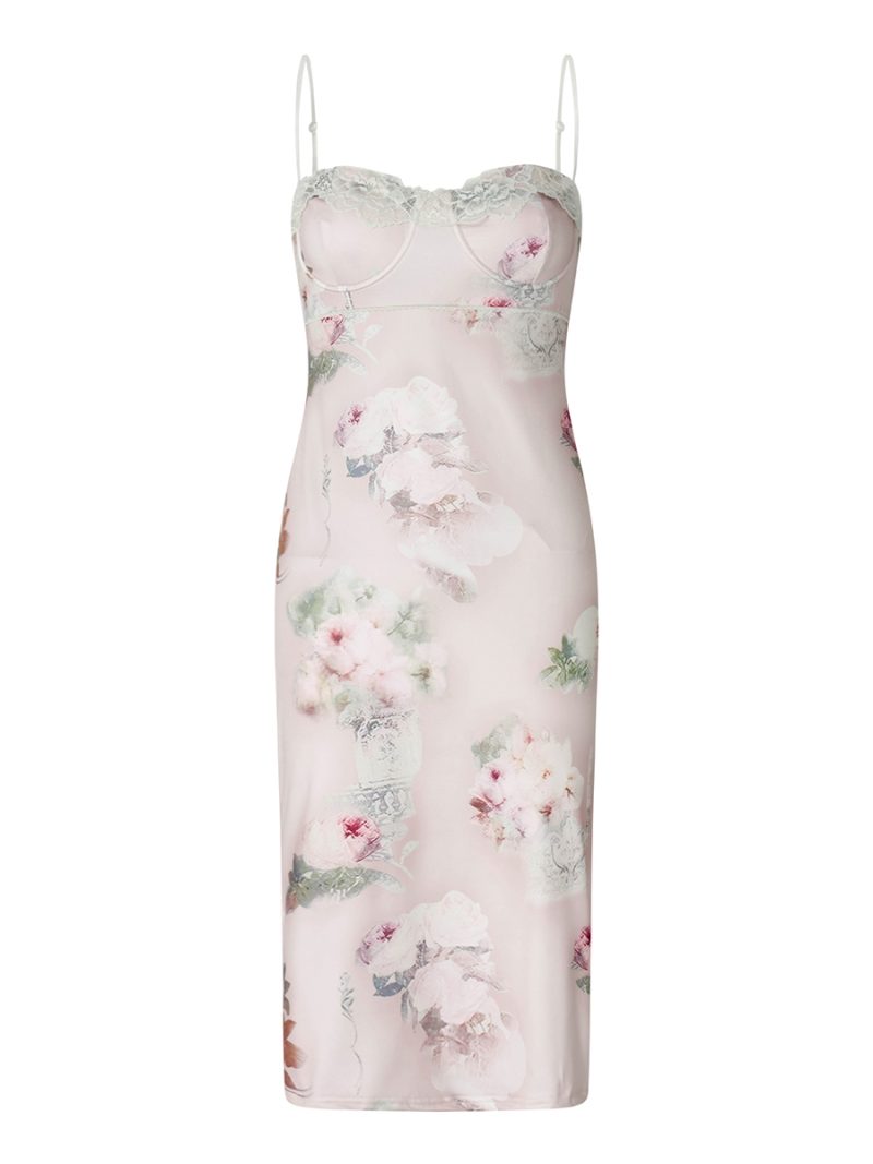 Women Lace Spliced Floral Print Spaghetti Strap Dress Vintage Summer Elegant Slit Party Midi Dress for Cocktail Nightclub Beach - Image 7