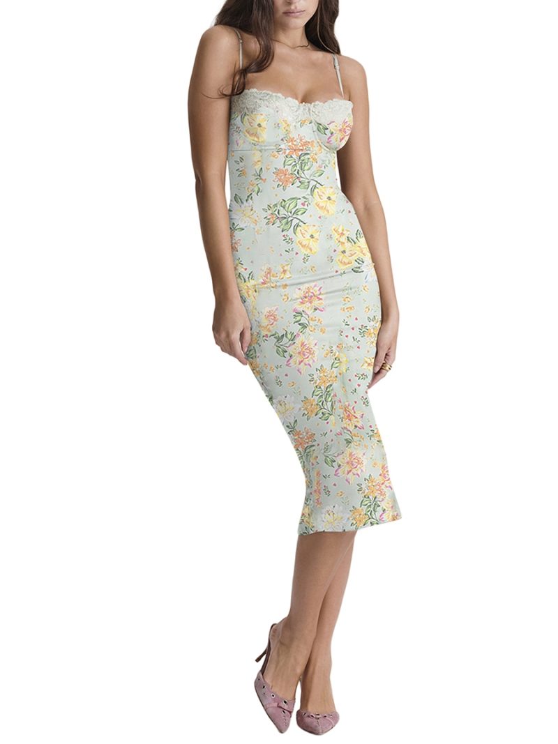 Women Lace Spliced Floral Print Spaghetti Strap Dress Vintage Summer Elegant Slit Party Midi Dress for Cocktail Nightclub Beach - Image 8