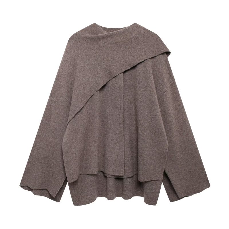 ZBZA Women's Asymmetric Scarf Knitted Jacket O-neck Single Button Side Slit Solid Loose Coat Winter New Female Chic Outerwear - Image 8