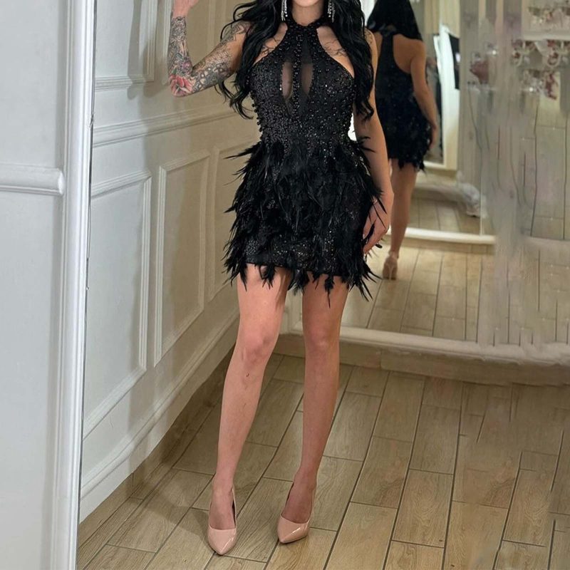 Women's Fashion Sexy Hollow Out Bodycon Feather Dress Cocktail Party Dresses White Halter Neck Sleeveless Evening Prom Dress