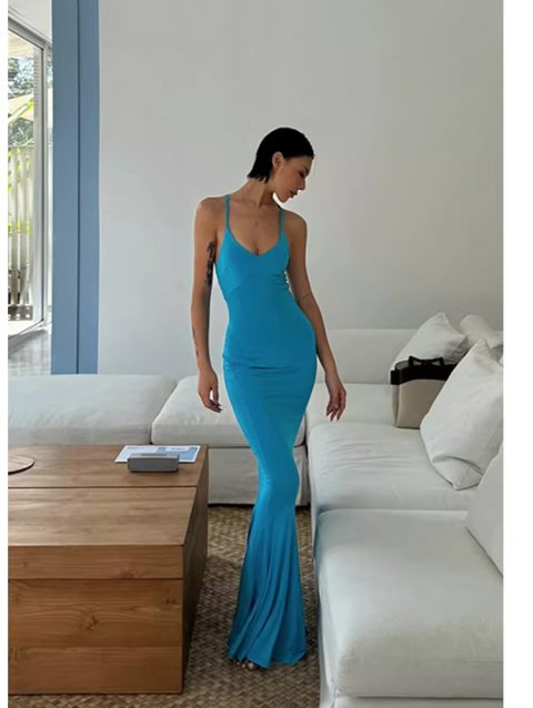 New In Dresses Women's Blue Elastic Spaghetti Straps Ankle Length Dresses Slip Party Cocktail Evening Dress Holiday Beach Wear